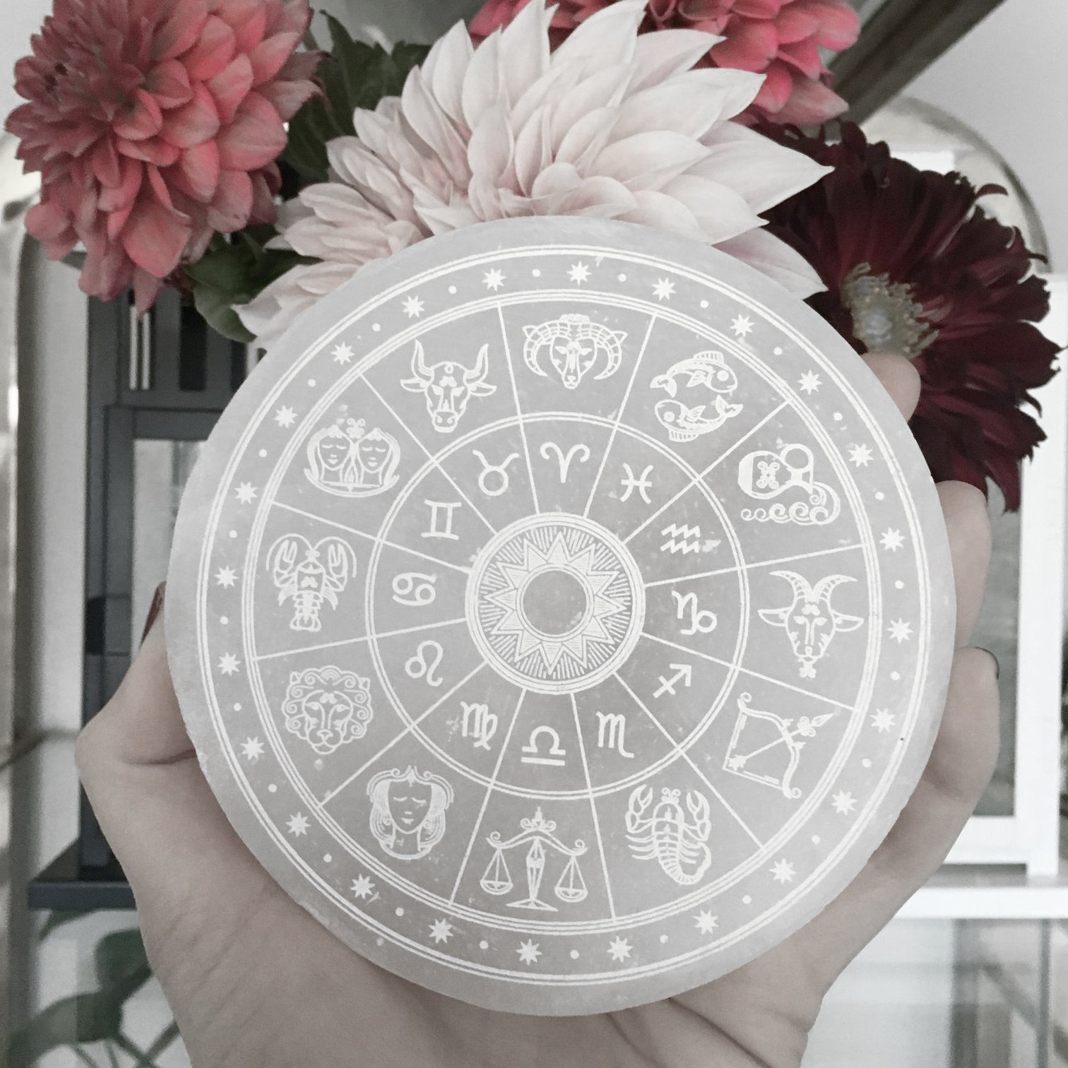 "Zodiac" Round Selenite Charging Plate Crystal Grid